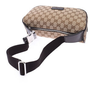 Gucci Leather Waist Bag Beige Canvas Tan Black GG